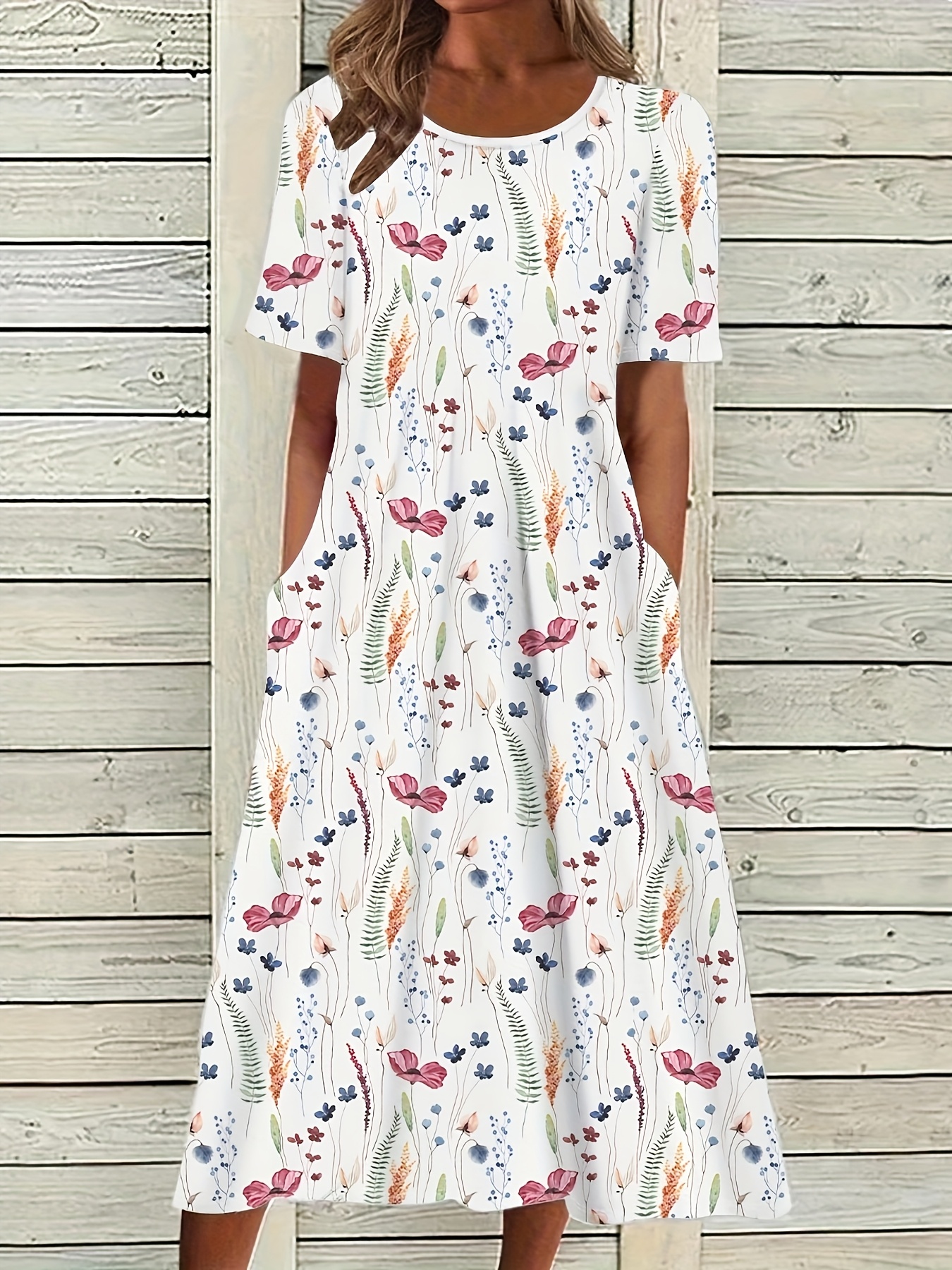 Lightweight Floral Print Women's Midi Dress | Short Sleeve Round Neck With Pockets, Machine Washable For Beach Outings & Casual Wear, Summer Outfit, Allseason Fashion | IFYHOME