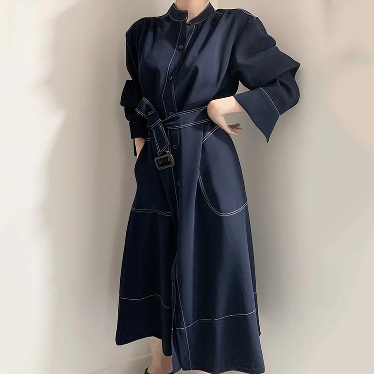 Simple Loose Single Breasted Tie Trench Dress