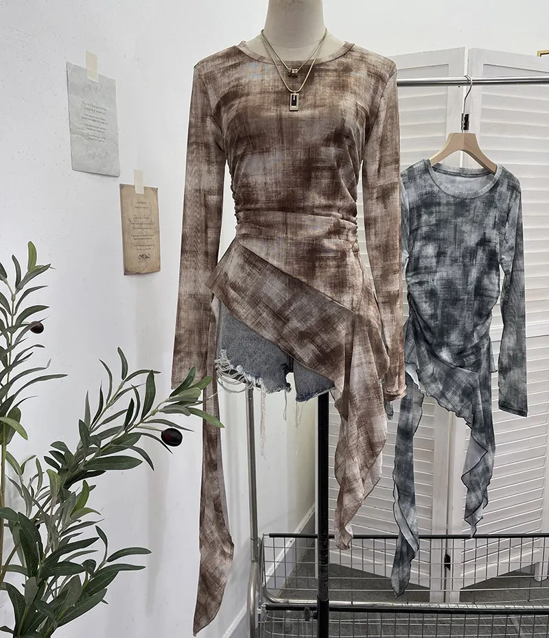 Nigikala Nigikala Print Double-Layer Mesh Long-Sleeved Top Design Feel Irregular Ribbon-Up T-Shirt 99981