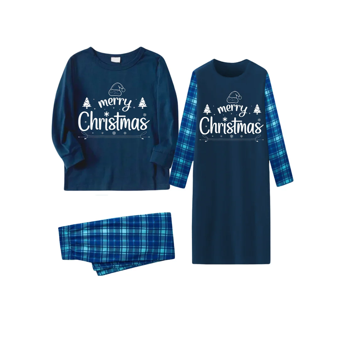 "Merry Christmas" White Letter 2024 Blue Long Sleeve Top With Blue Plaid Couple Matching Pajamas