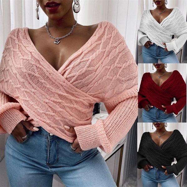 New Women's Fashion V-neck Irregular Wrap Sweater Long Sleeve Solid Color Loose Casual Sexy Knitted Pullover XS-5XL - Shop Trendy Women's Fashion | TeeYours