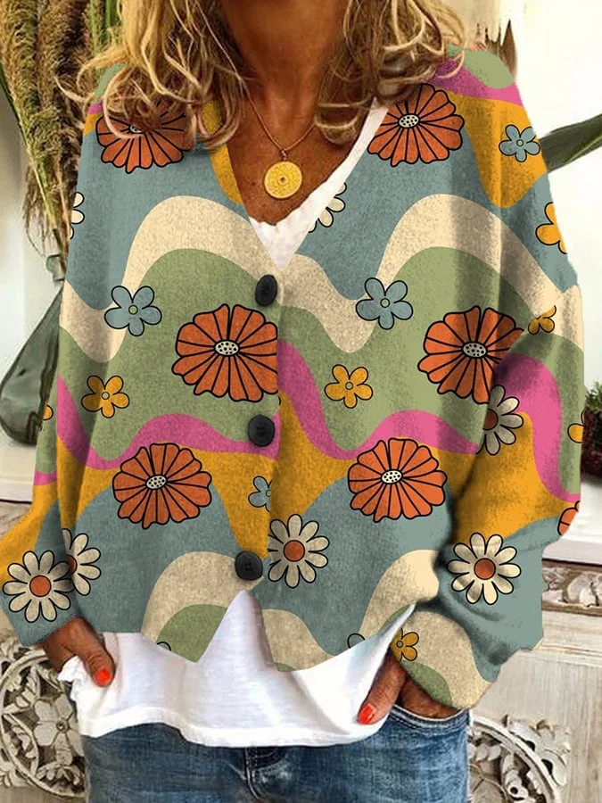 Floral Print Casual Button Flannel Cardigan