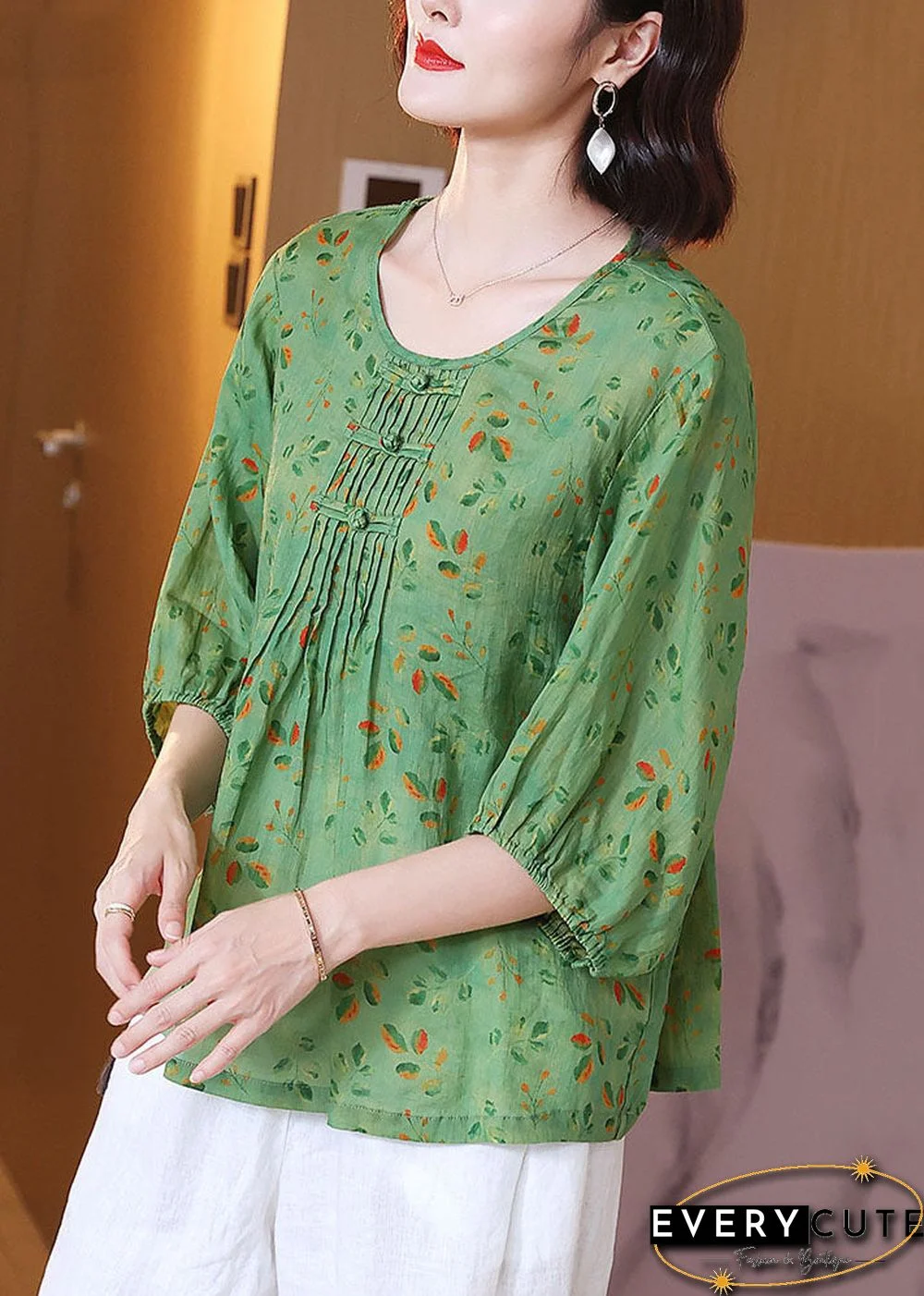 Chic Green O Neck Print Wrinkled Patchwork Linen T Shirt Tops Summer
