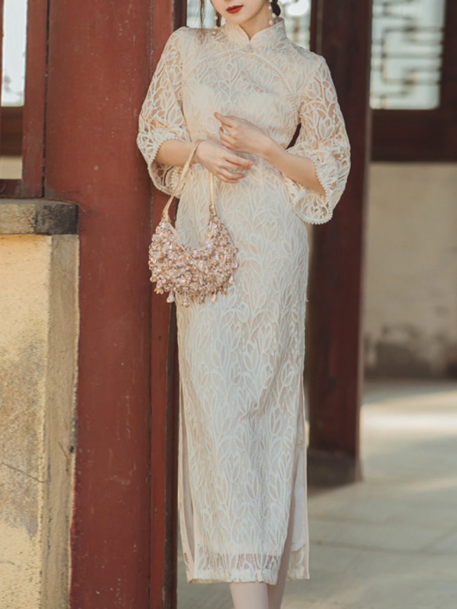 Cheongsam Dress Three Quarter Sleeve Floral Split Maxi Bodycon Dress