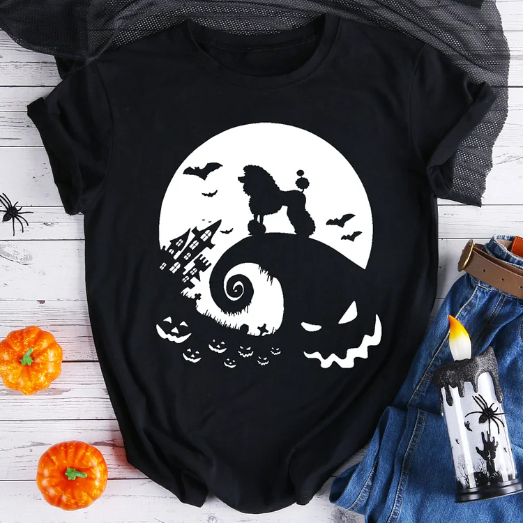 Halloween poodle dog and moon t shirt tee