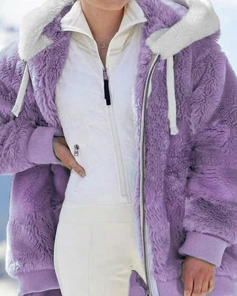 Plus Size Zipper Lamb Wool Padded Hooded Coat - vzzhome