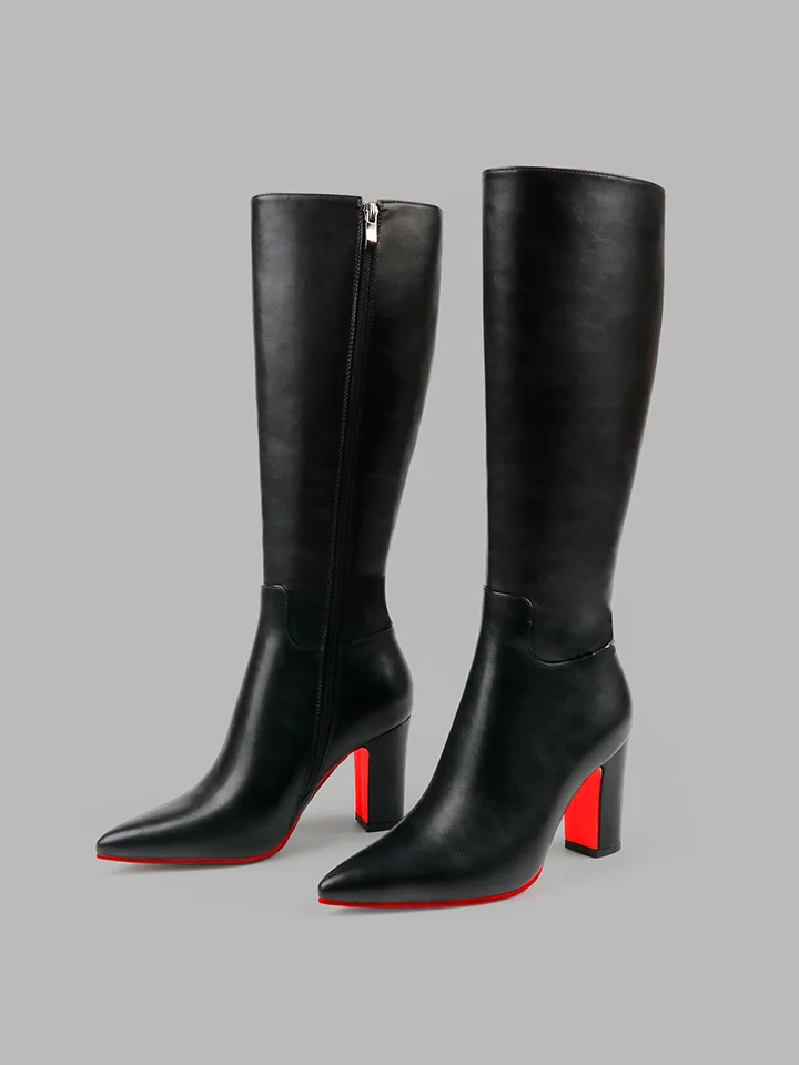 95mm Women's  Red Bottom Poined Toe Zipper Shoes High Heels Knee Boots