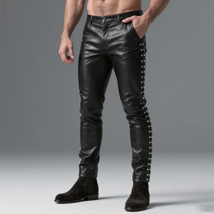 Okaywear PU Leather Pocket Side Rivets Skinny Pants 