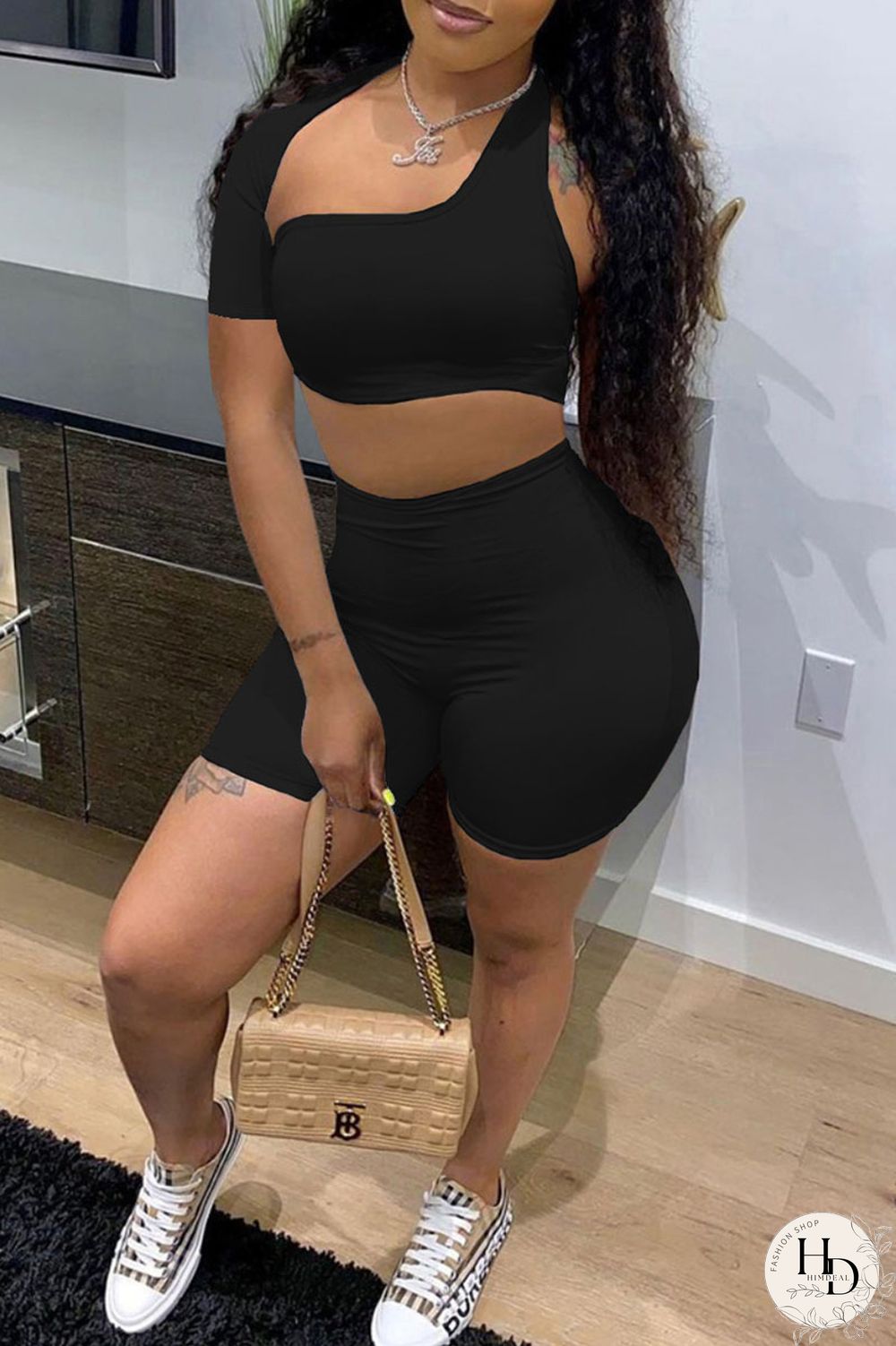 Blue Sexy Solid Hollowed Out Asymmetrical Collar Short Sleeve Two Pieces