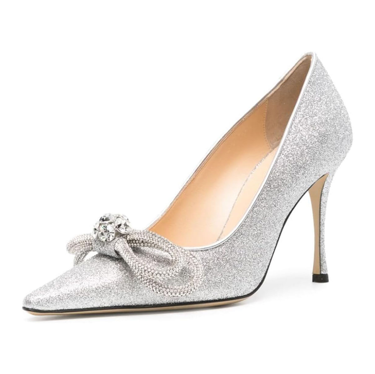 Glitter Bow Pointed Toe Stiletto High Heel Silver Pumps for Women Nicepairs