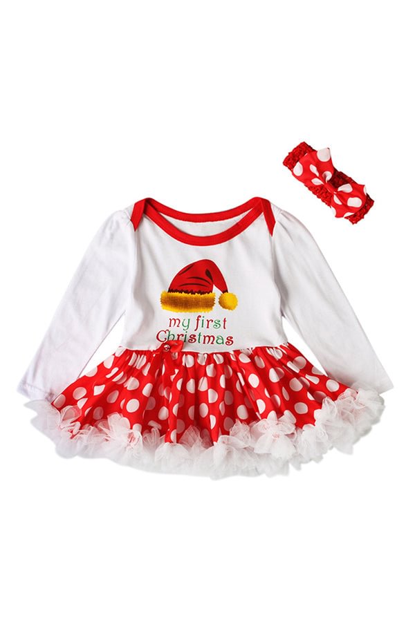 Crew Neck Long Sleeve Polka Dot Print Baby Girls Christmas Dress Red-elleschic