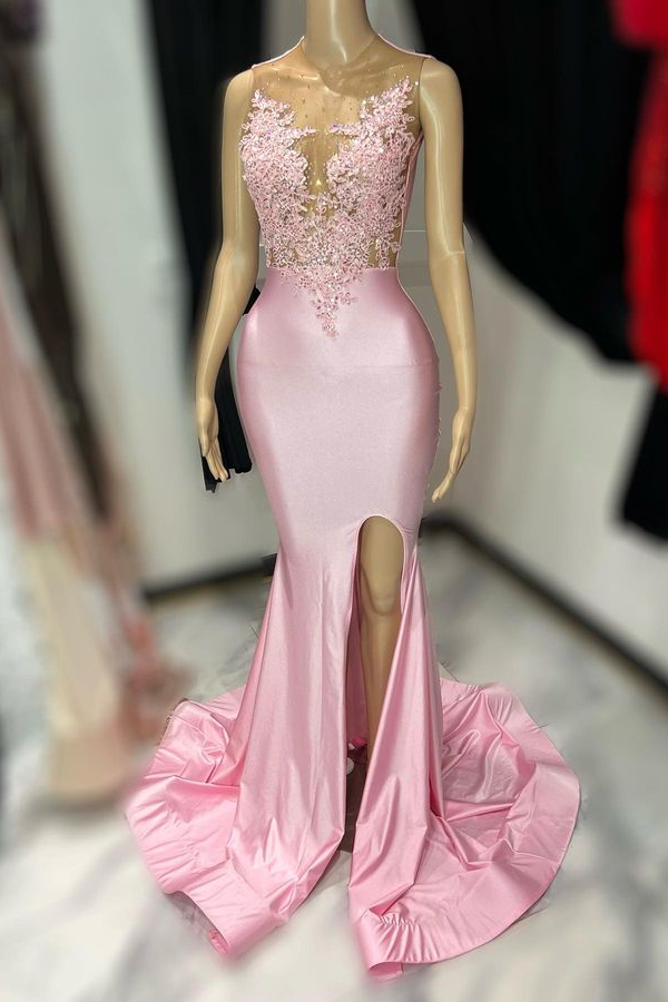 New Arrival Pink Mermaid Lace Appliques Prom Dress Split Sleeveless - lulusllly