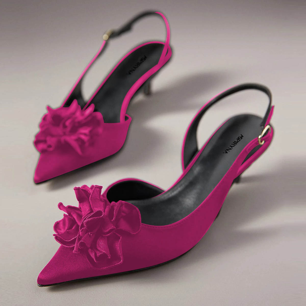 Satin Pointed Toe Floral Adorned Slingback Kitten Heels in Fuchsia Nicepairs