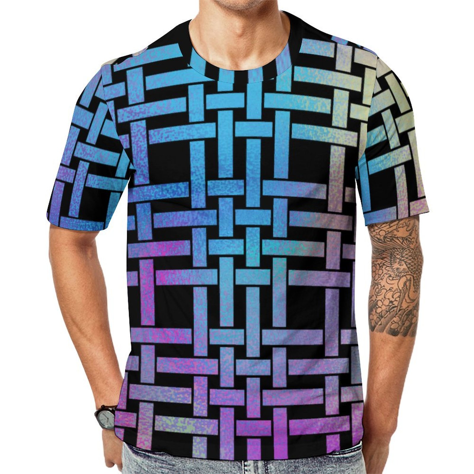 Elegant Modern Blue Gradient Basket Weave Short Sleeve Print Unisex Tshirt Summer Casual Tees for Men and Women Coolcoshirts