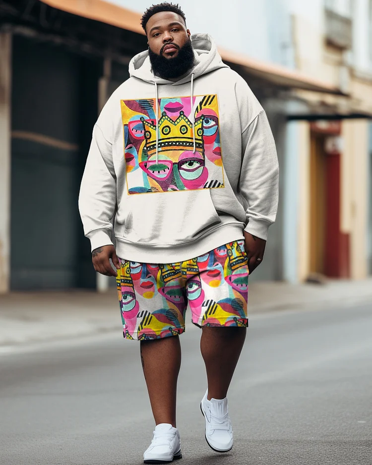 Men's Plus Size Hip Hop Eye Color Graffiti Hoodie Shorts Two Piece Set