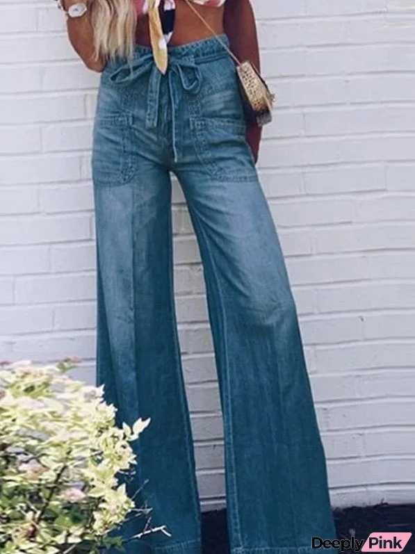 Jeans Lace-Up Wash Wide-Leg Jeans for Women