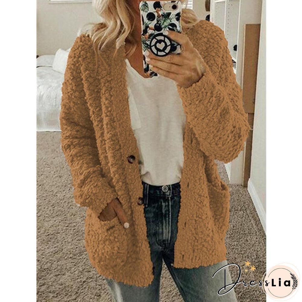 Women Winter Fashion Loose Long Sleeve Solid Color Plush Cardigan Sweater Coat Tops Button Casual Outwear XS-5XL