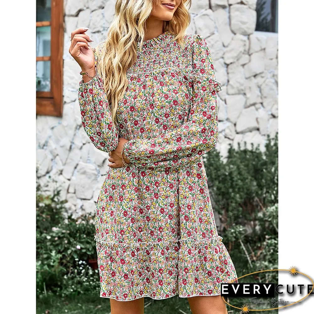 Muliticolor Floral Print Smocked Long Sleeve Dress