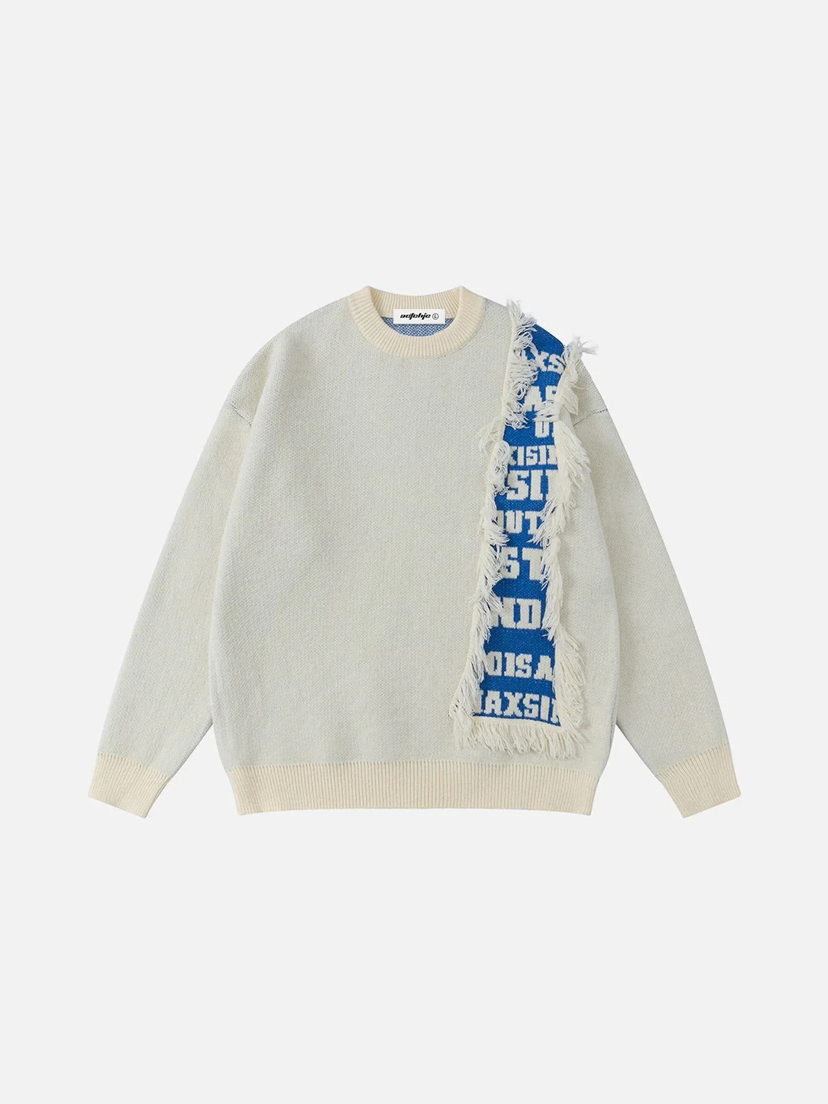 Apricot Fringe Patchwork Letter Jacquard Loose Sweater Front