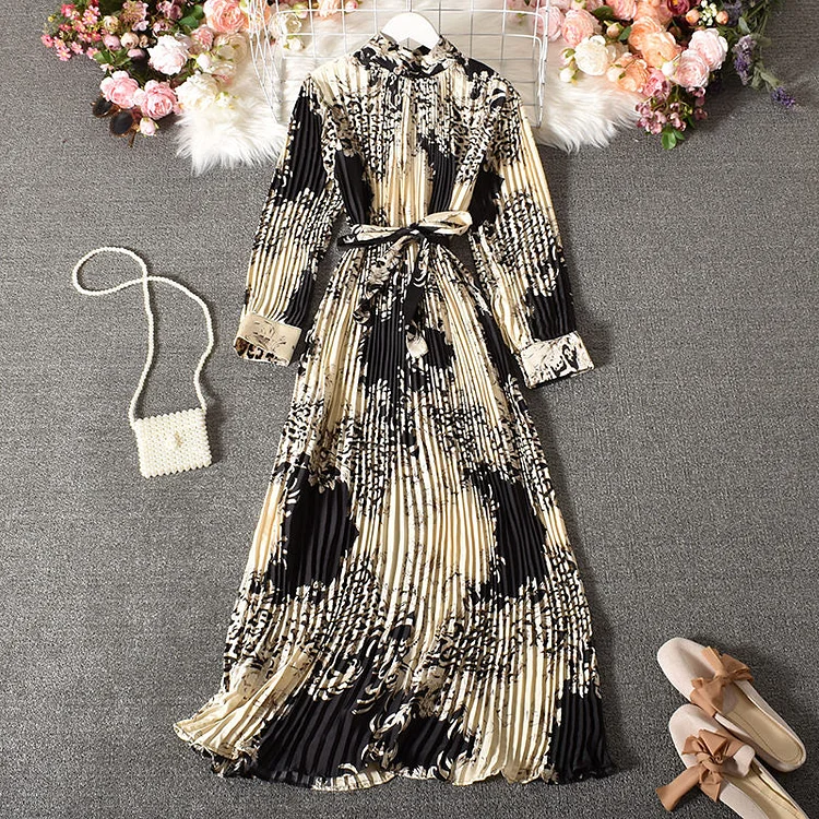 Vintage A-Line Printed Leopard Pleated Long Dress BE044