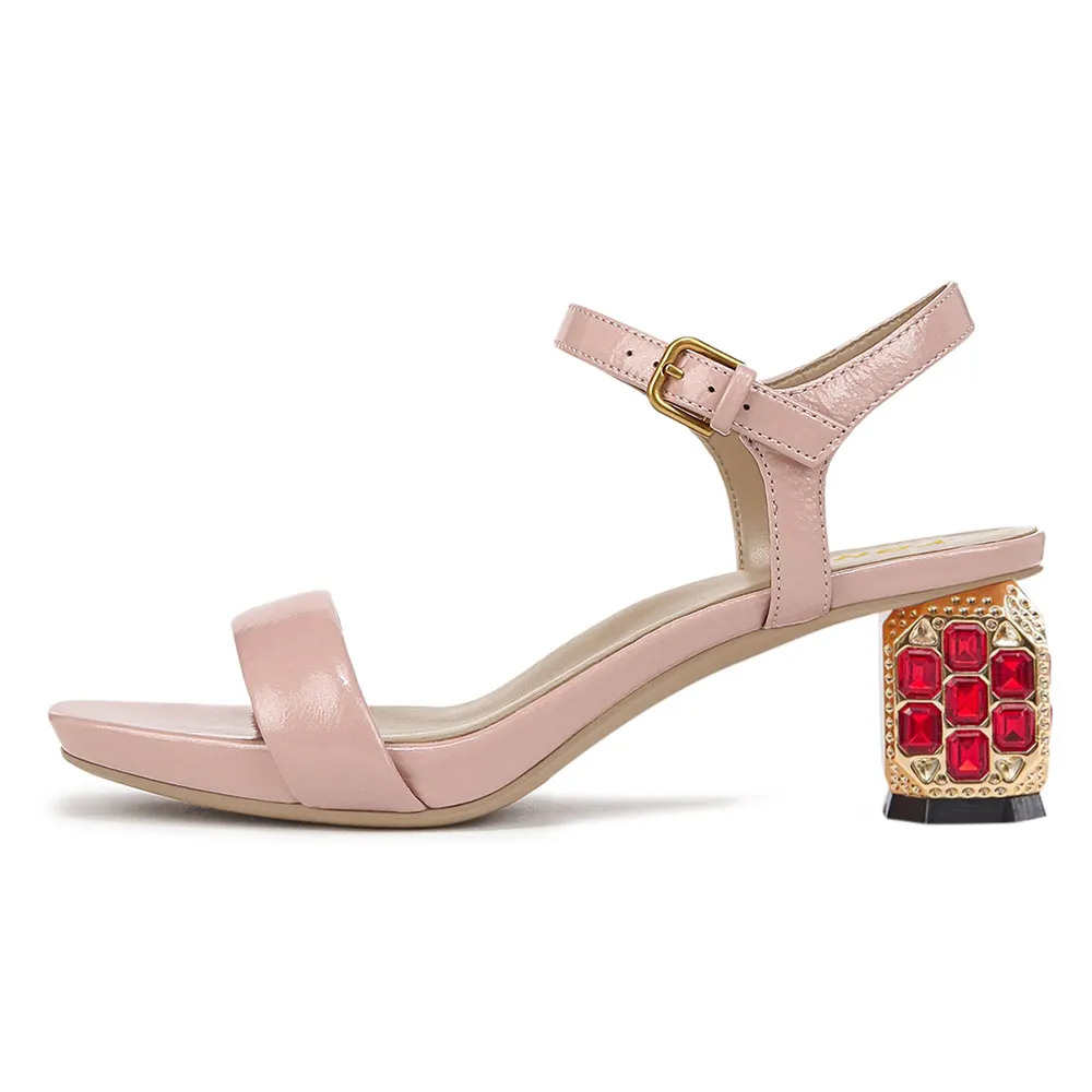 YDN Pink Open-Toe Ankle Strap Low Heel Sandals with Rhinestones