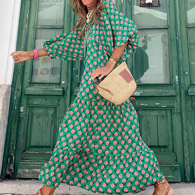Fashion Print Balloon Sleeve Maxi Dress