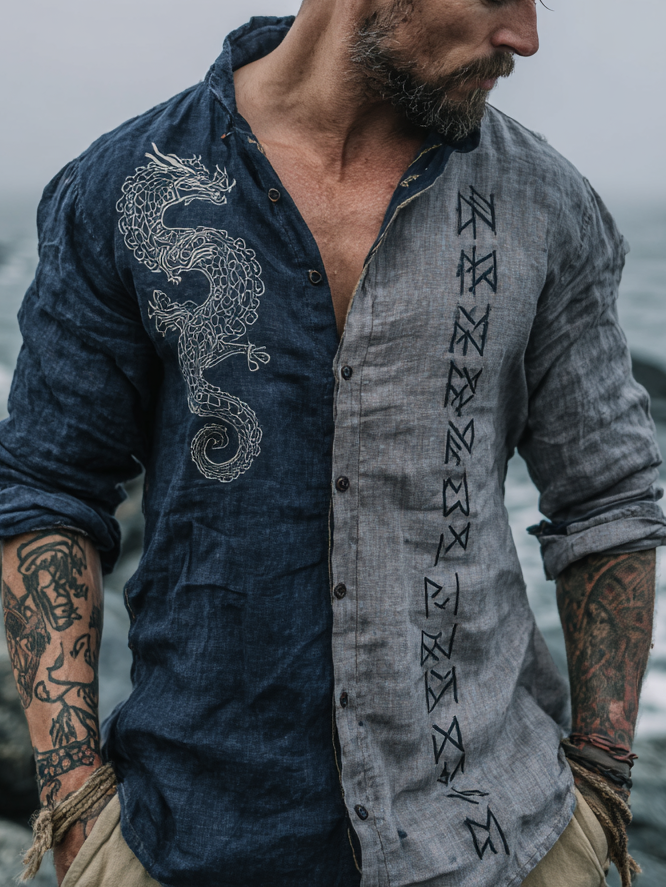 Men's Viking-Inspired Rune Dragon Retro Two-Tone Linen Long Sleeve Shirt / Rvogue / Rvogue