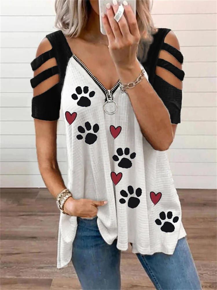 Lovely Paws & Hearts Hollow Shoulder T Shirt