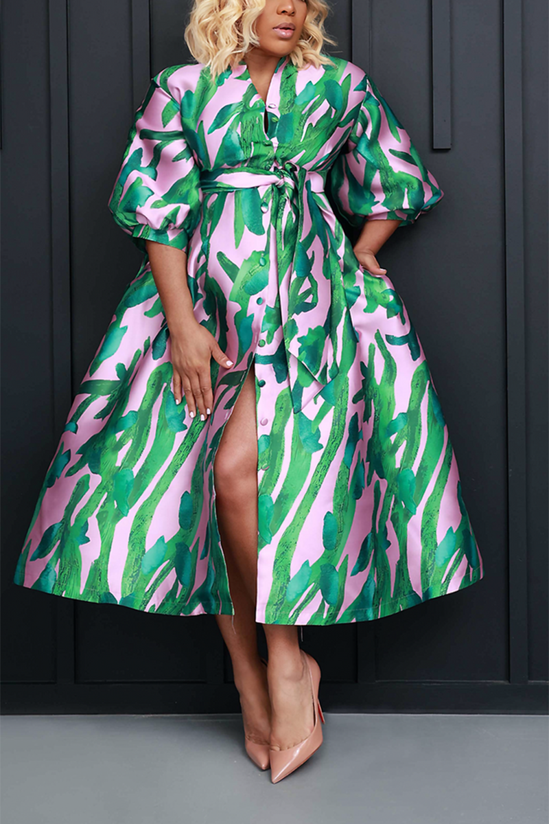 plus-size-green-semi-formal-puff-sleeve-button-all-over-print-midi-dresses