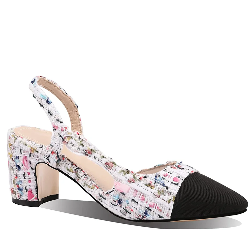 65mm Chunky Heels for Women Slingback Pumps Sandals Splicing Round Toe Casual Wedding Pumps-MERUMOTE