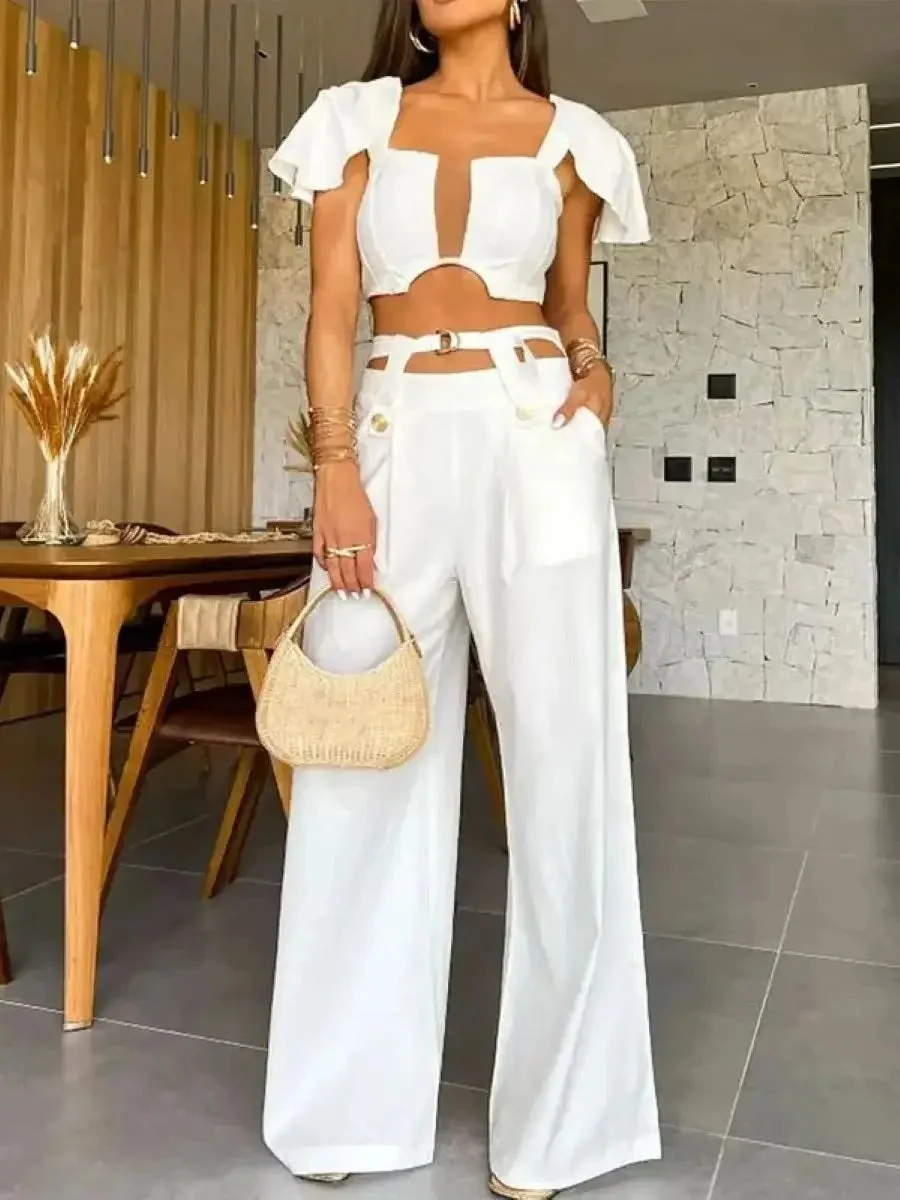 Huiketi Elegant Solid Women Two Piece Set With Pants Deep V Square Collar Sexy Short Top Wide Leg Pants Suit Office Lady Clothing