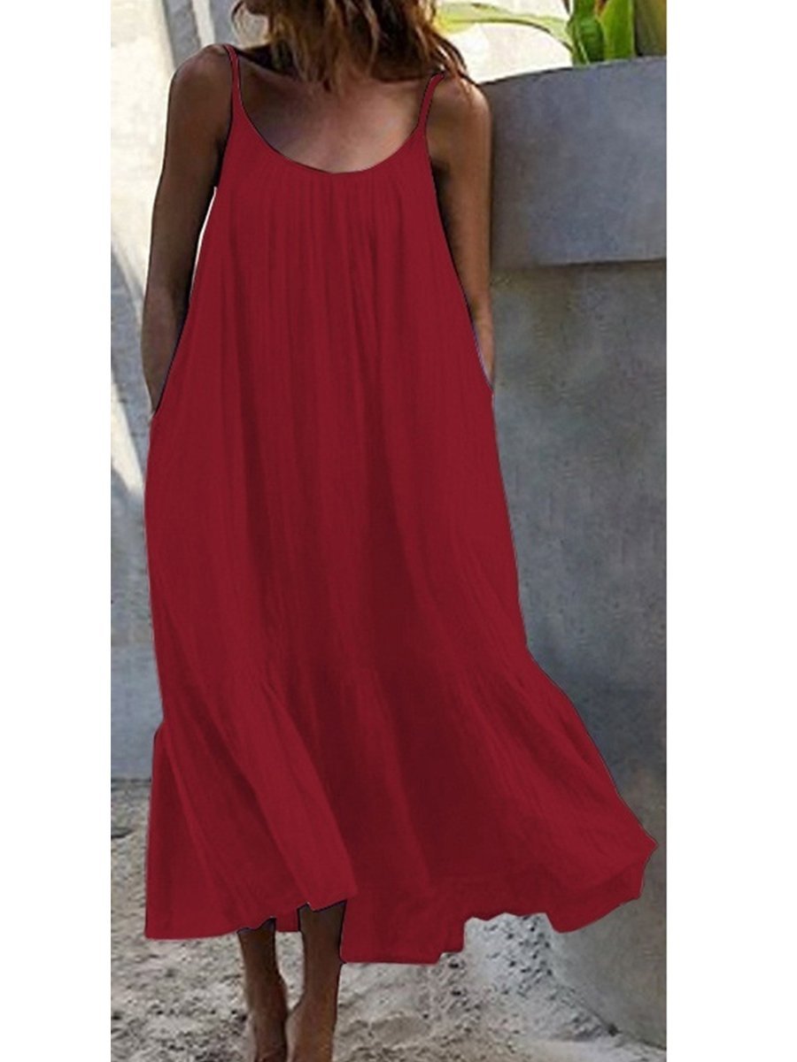Women Half Sleeve V-neck Solid Color Dress