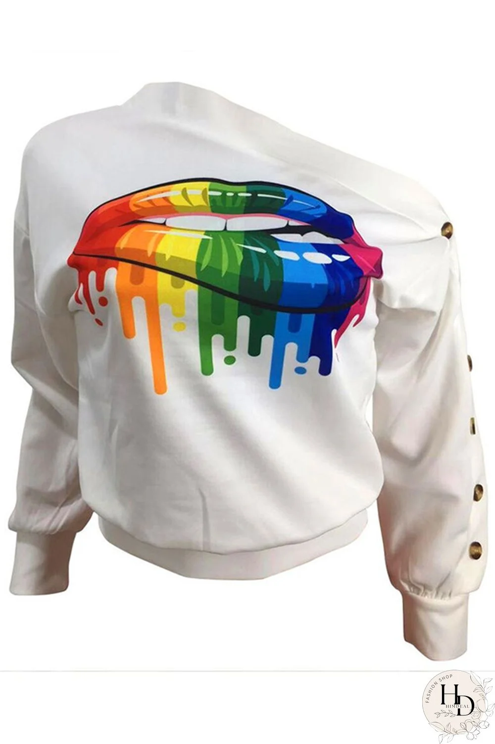 Black One Shoulder Collar Print Polyester Print Long Sleeve