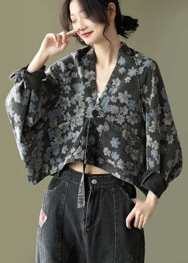 Handmade Black Floral Pockets Denim Long sleeve Short Coats