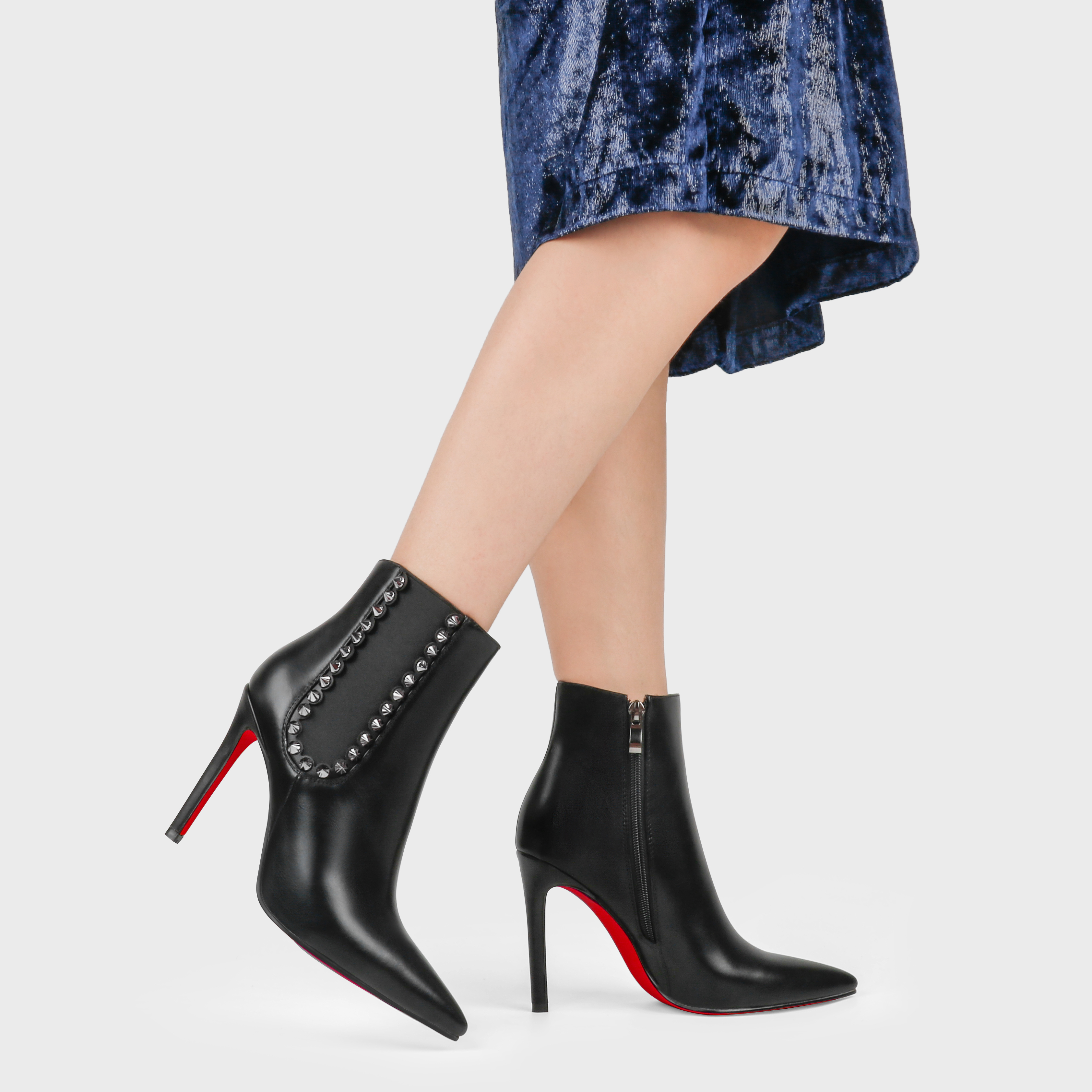 Women's Closed Pointed Toe Chain Studded Stiletto Ankle Boots Red Bottom Heels-vocosishoes