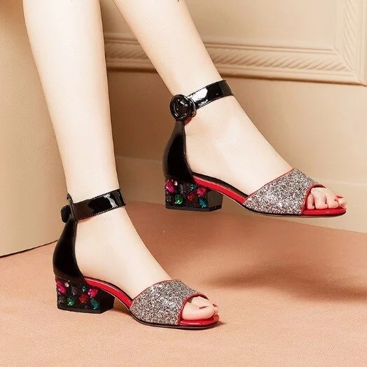 Qengg Summer Women's Mid-heel All-match Sandal Buckle Diamond Chunky Heel Shoes Fish Mouth Thick Heel Sandals