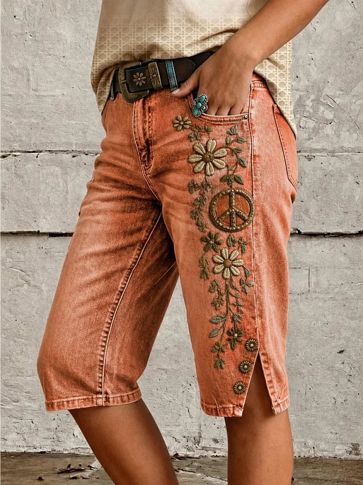 Women's Boho Floral Peace Sign Print Mid-Length Split Hem Denim Bermuda Shorts