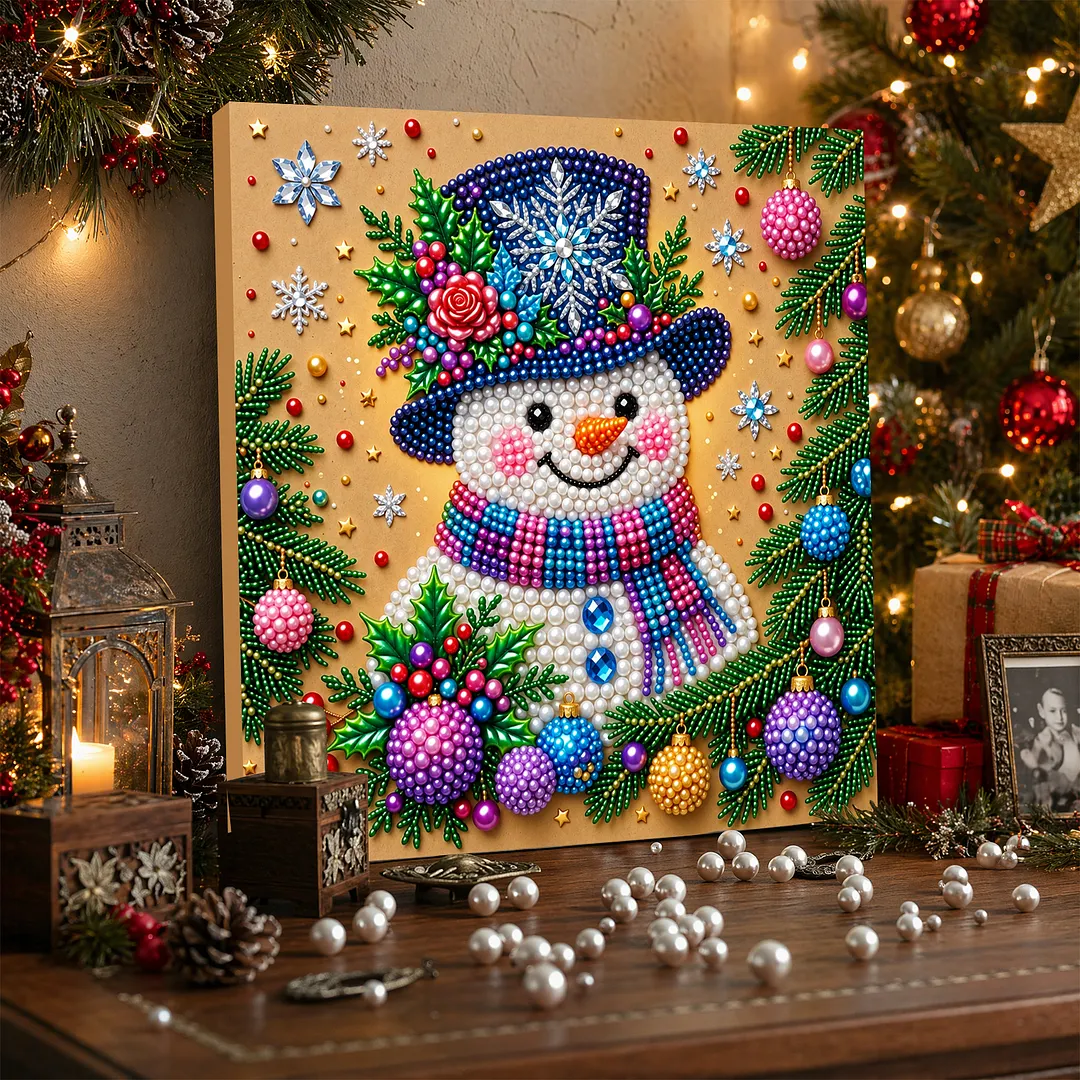 Framed Pearl Painting Kit Snowman with Ornaments 20x20cm