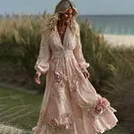 Women's Pink Rose Embroidered Art V-neck Long Sleeve Midi Dress - Image 2