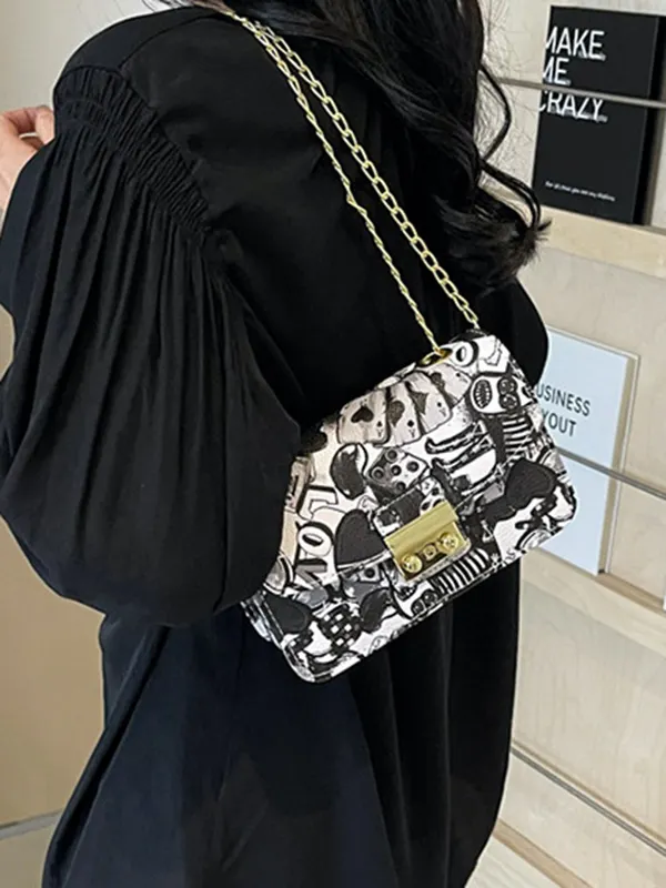 Zipper Printed Chains Crossbody Bags BLACK-One_size
