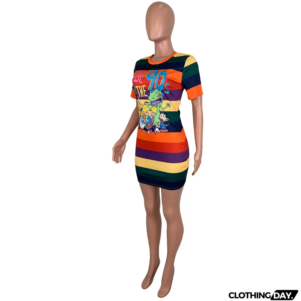 Colorful Stripe Cartoon Short Sleeve Mini Dress