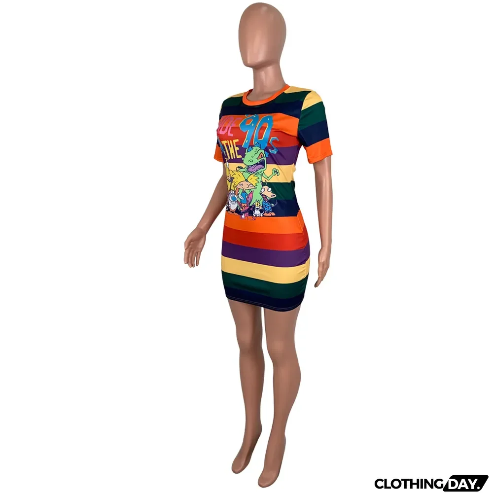 Colorful Stripe Cartoon Short Sleeve Mini Dress
