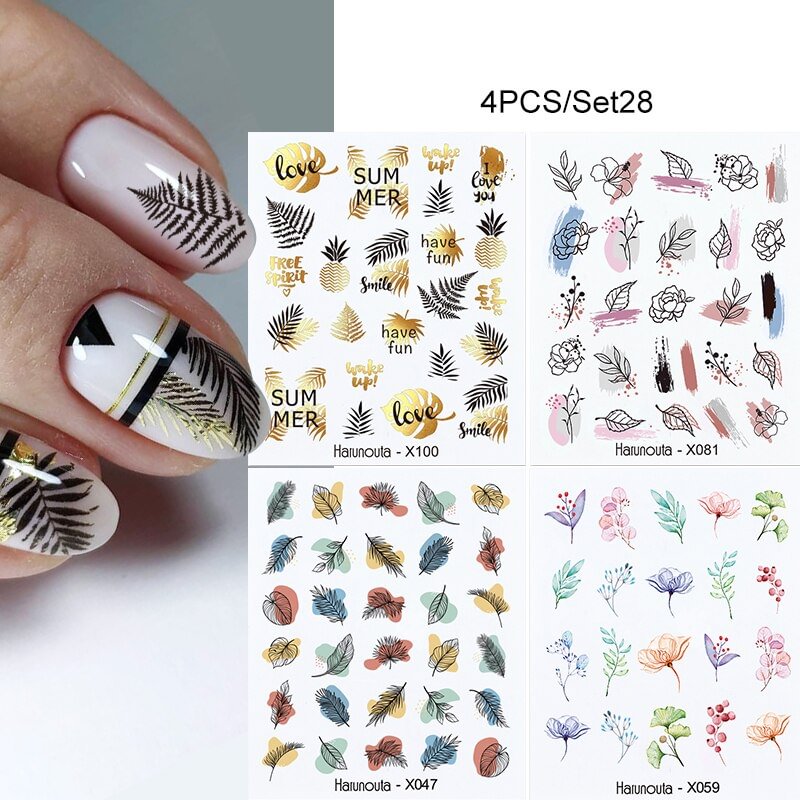 Churchf 4pcs/Set Nail Tropical Plants Stickers Watercolor Decals Colorful Leaves Flower Sliders Wraps Manicuring Nail Art Decorations