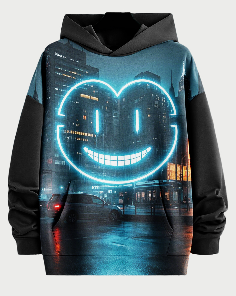 Couple Plus Size Neon Smiley Face On City Street Print Hoodie Set