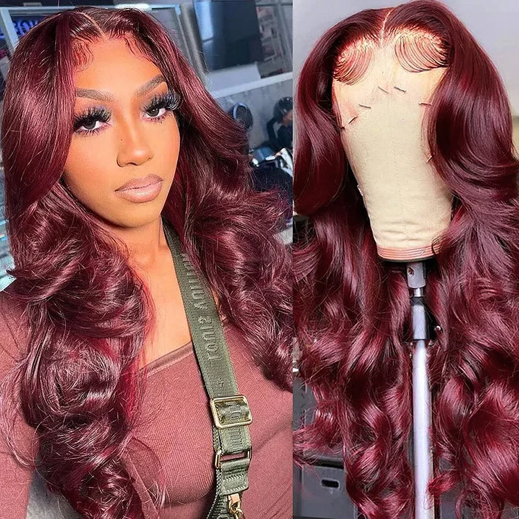Burgundy 99J 13X4 Lace Front Human Hair Wigs Colored Body Wave Wig Transparent Lace Frontal Wig