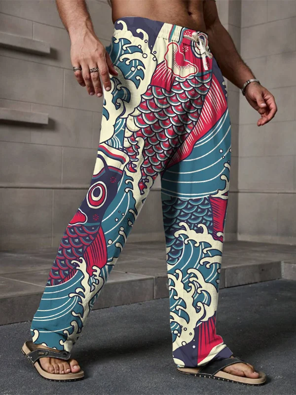 Men's Retro Japanese Koi Fish Art Print Casual Pants