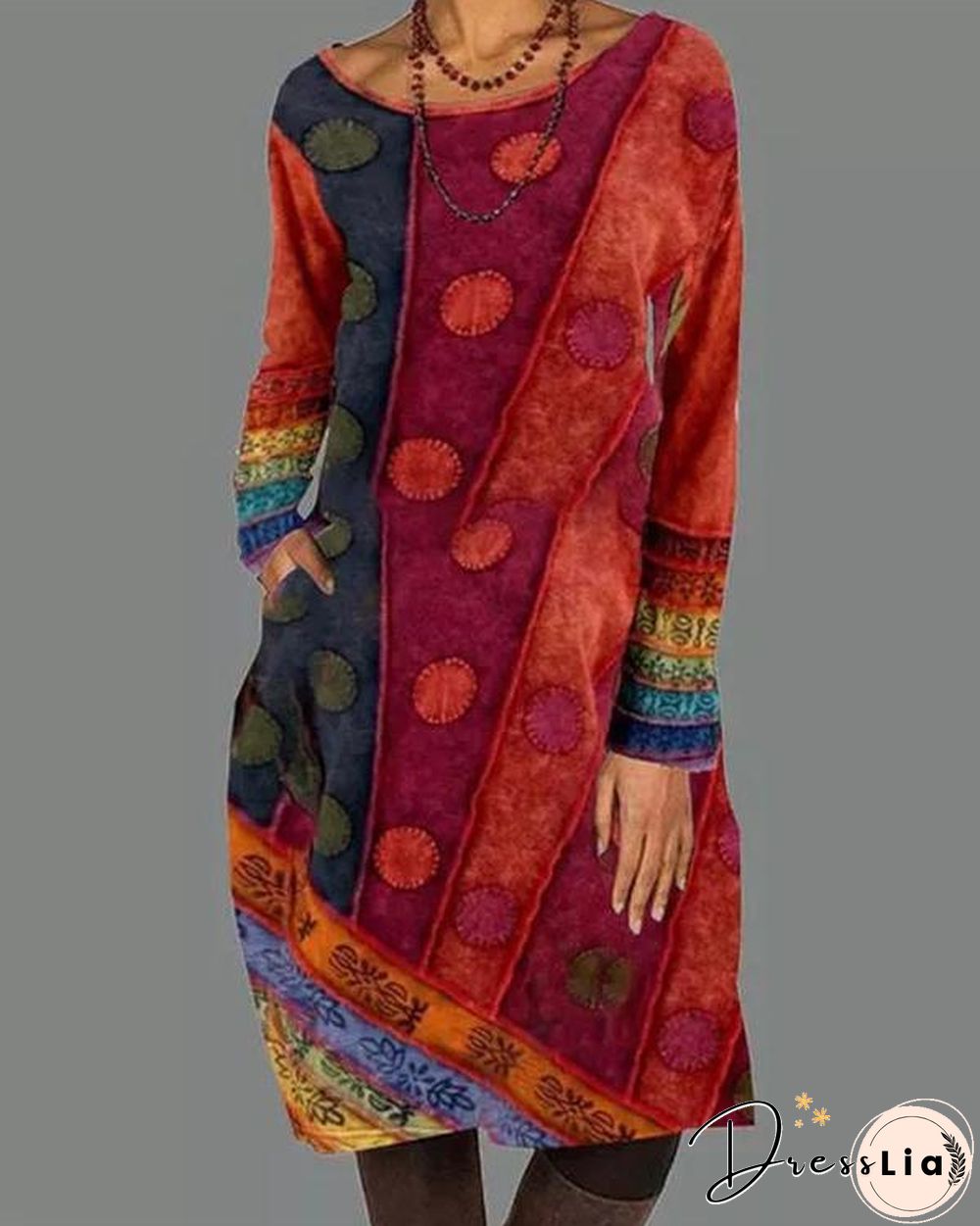 Casual Color Block Shirt Round Neckline Shift Dress