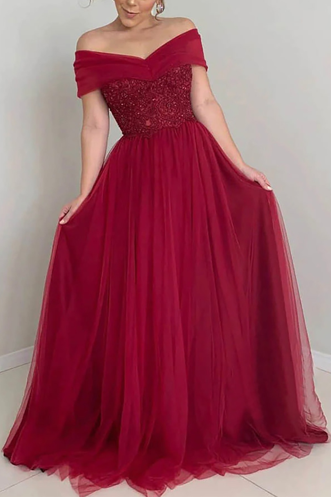Ovlias Breathtaking Burgundy Off-the-shoulder Applique Layered Prom Dress LY0528