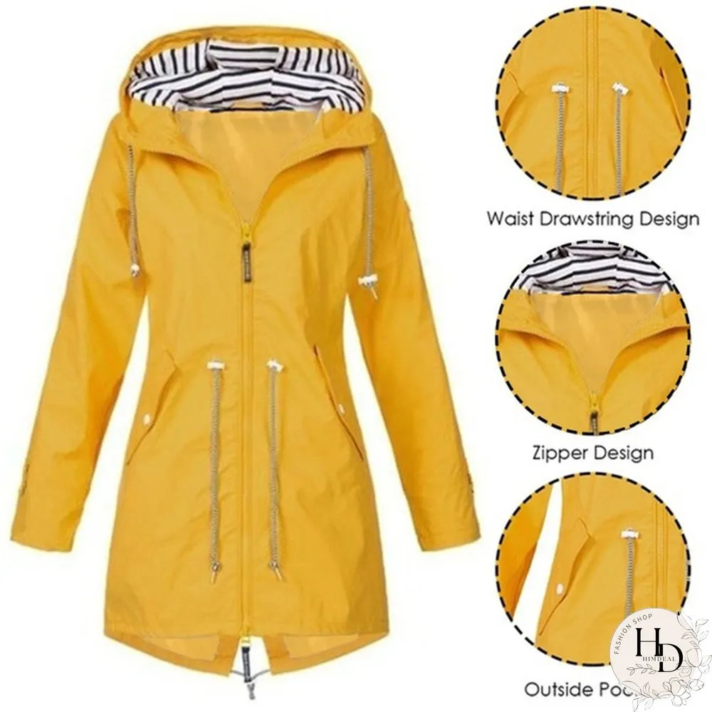 Women Waterproof Zipper Rain Jacket Solid Color Ladies Outdoor Mountaineering Lightweight Raincoats Plus Size S-5XL