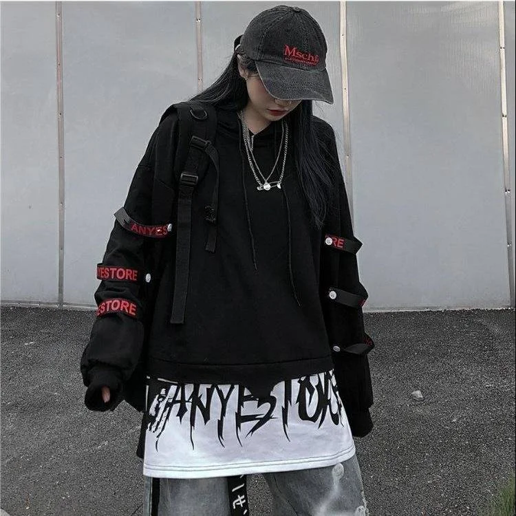 Hip Hop Hoodie Women Korean Loose Tops Female Casual Autumn Long Sleeve Black Punk Hoodie Streetwear High Street Hoodies Girls